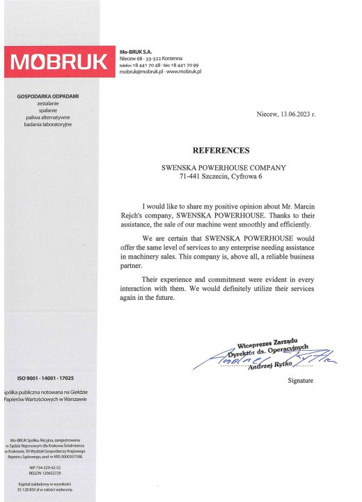 Referencja firmy Mo-BRUK dla Swenska Powerhouse